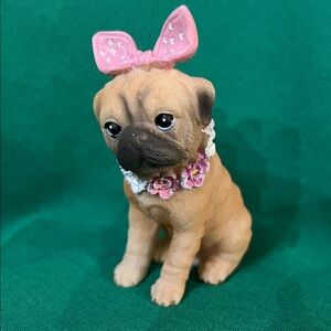 GANZ Tan Pug Figurine with Pink Bow and Floral Collar